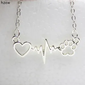 hzew cute Animal vintage jewelry necklaces love Cats and Dogs Paws and heart Heartbeat necklace Paw necklaces & pendants