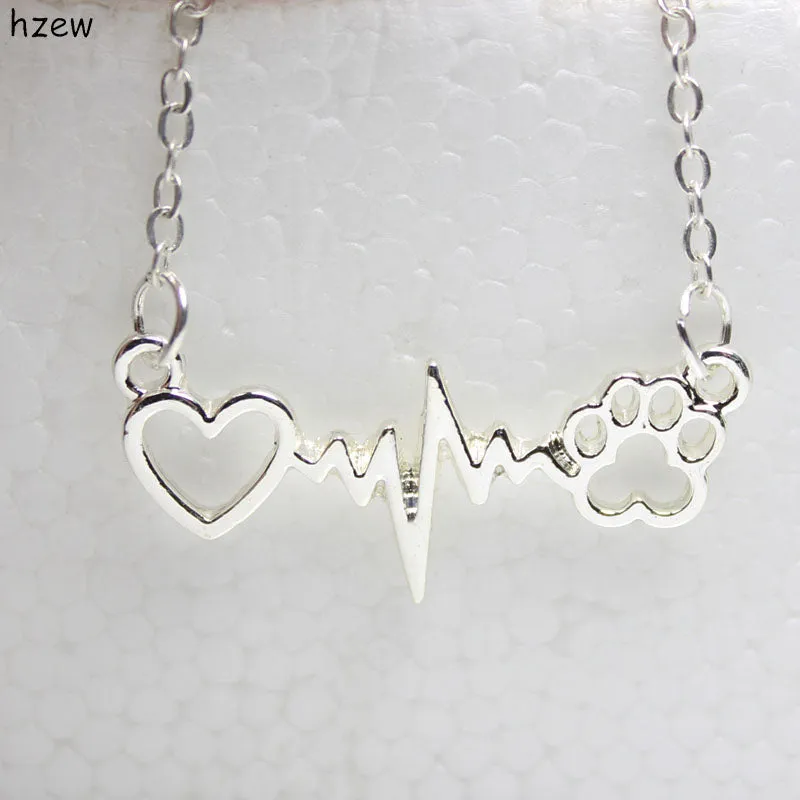 hzew cute Animal vintage jewelry necklaces love Cats and Dogs Paws and heart Heartbeat necklace Paw necklaces & pendants