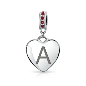 Initial Alphabet Bead Charm Dark Red Heart with Crystal Accent for Bracelets