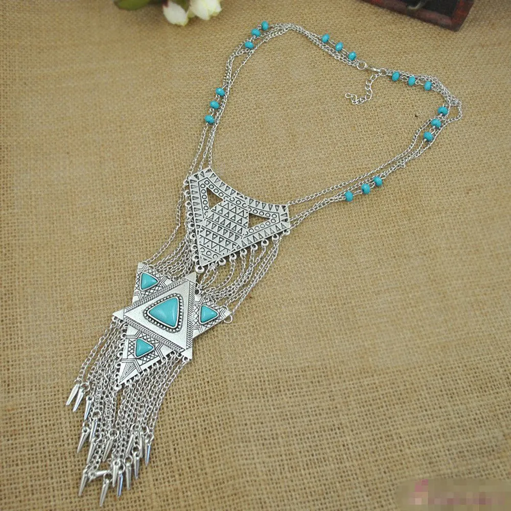 Mance Fashion Bohemia Style Classic Triangle Retro Tassels Long Necklace