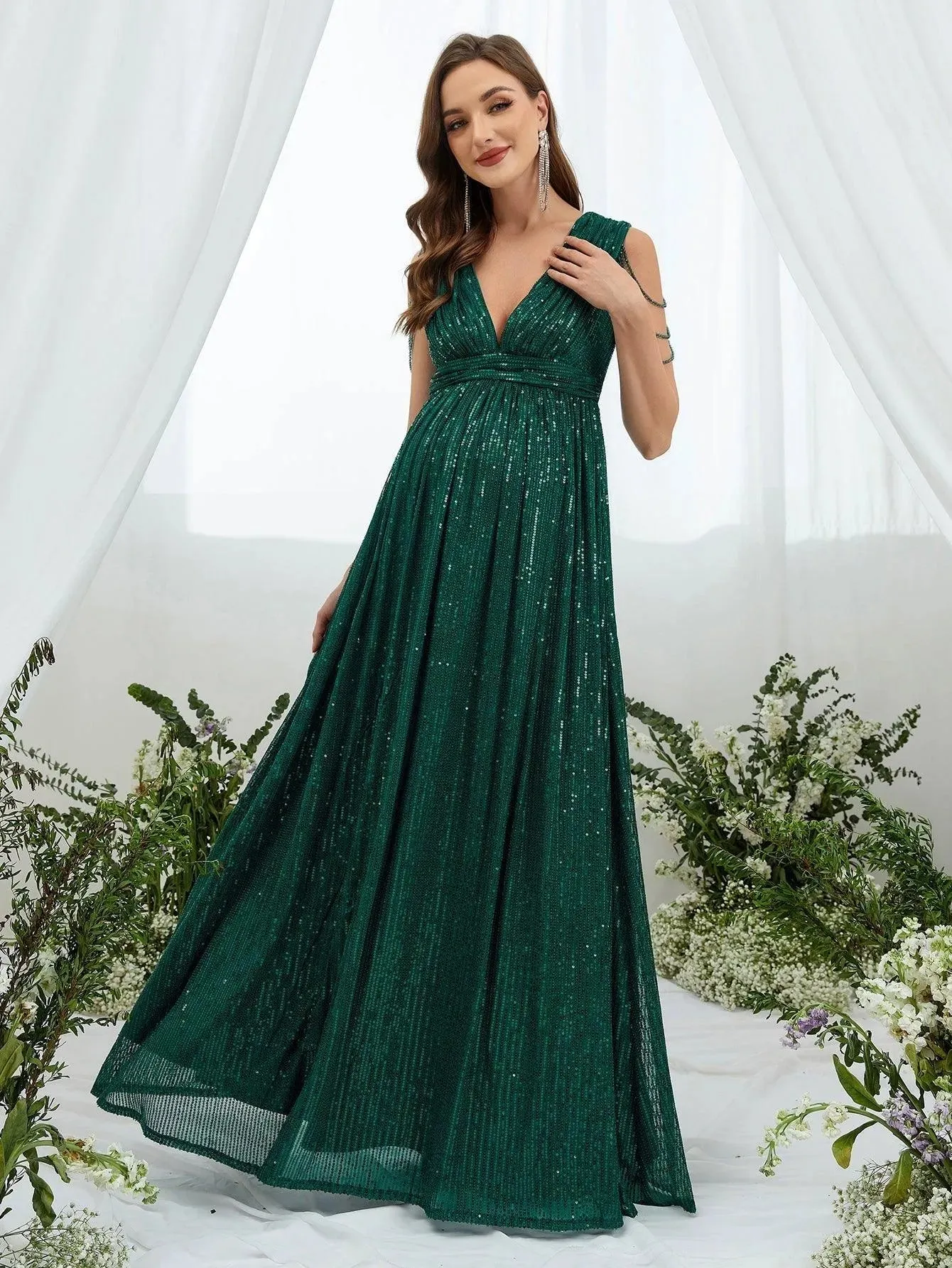 Maternity Chain Detail Plunging Neck Sequin Dress