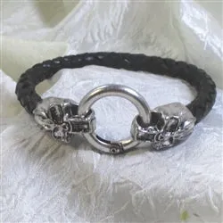 Men Black Leather Bracelet Skull Silver Clasp