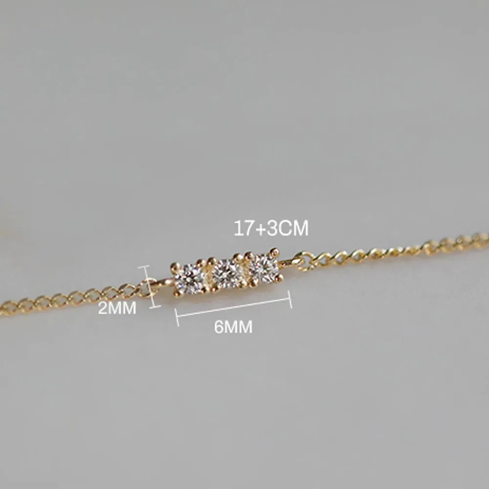 Minimalist Bracelet 925 Sterling Silver Gold Plated Three Diamond Micro Inlaid