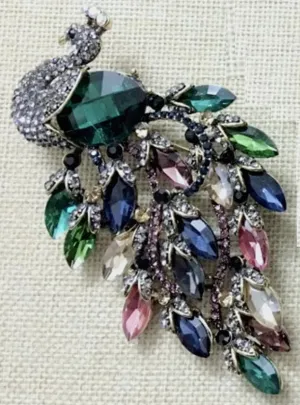 Multicolour peacock big brooch vintage look gold plated suit coat broach pin zy3