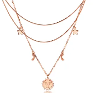 NEHZUS Round Piece Multi-layered Necklace Star and Moon Set Star and Moon Two In One Rose Gold Plated Clasp Chain