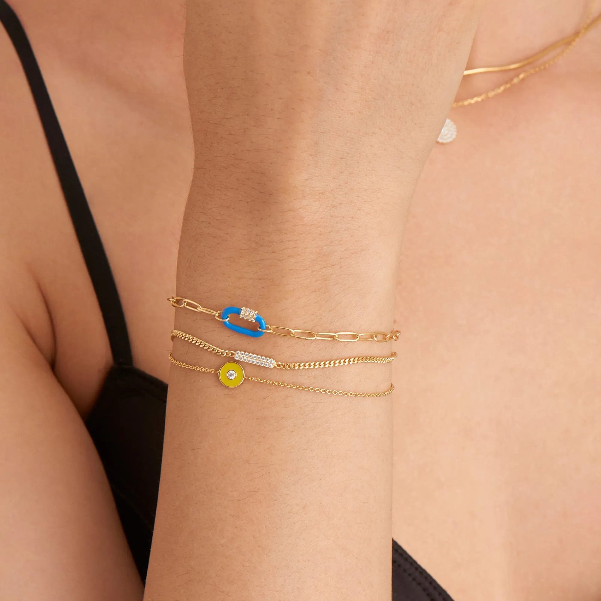 Neon Blue Enamel Carabiner Gold Bracelet