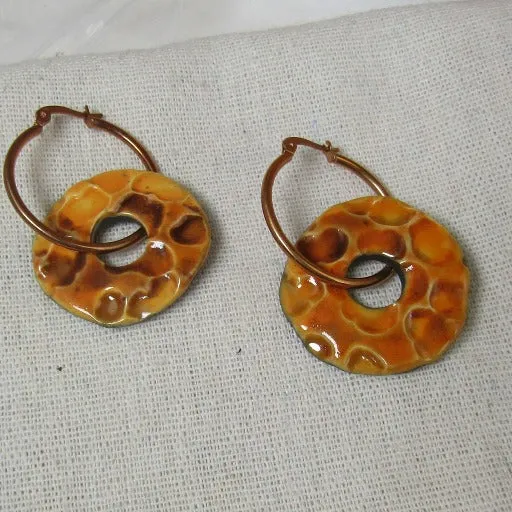 Orange Artisan Handmade Earrings Raku Glaze Copper Hoops