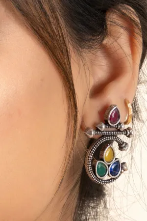 Oxidized Silver Multicolor Gemstone Stud Earrings - Unique Designer Jewelry