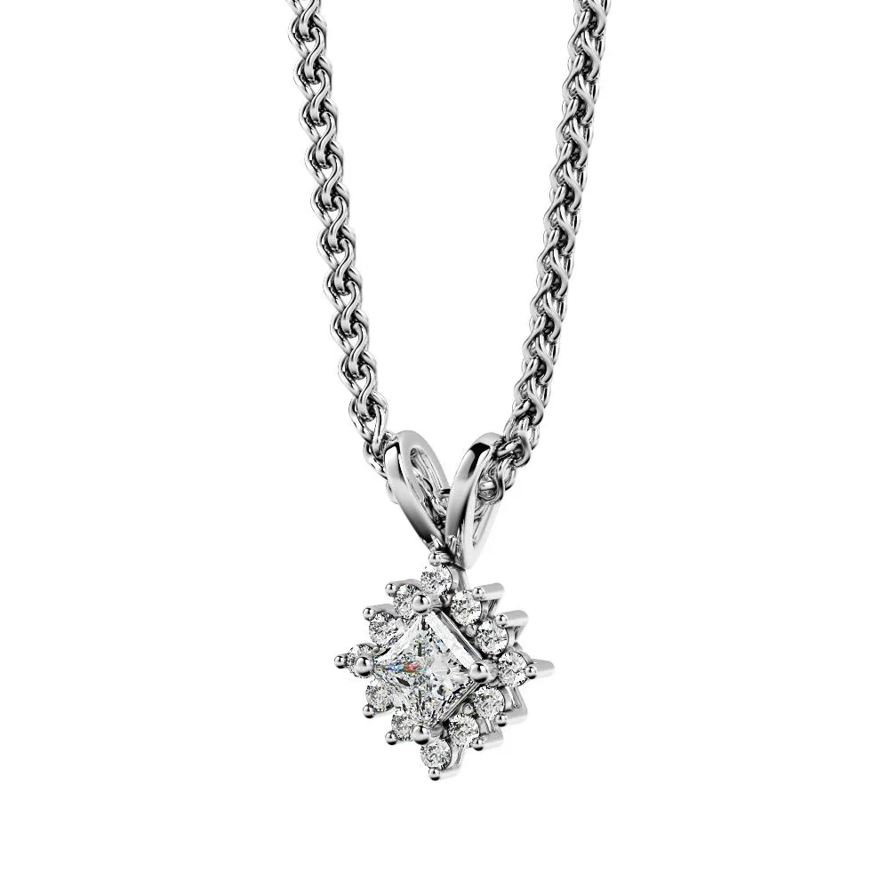 Photonics Natural Diamond Halo Pendant with a White Necklace