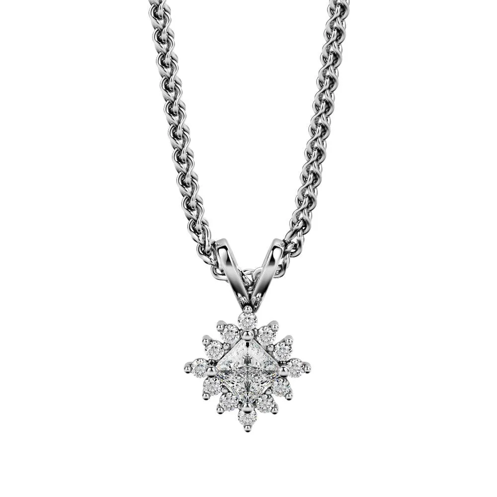 Photonics Natural Diamond Halo Pendant with a White Necklace