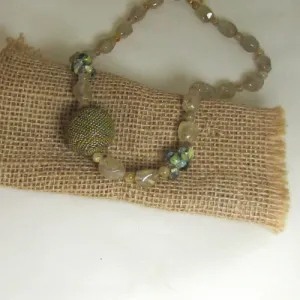 Quartz Crystal Necklace with Green and Gold Beaded Bead Accent