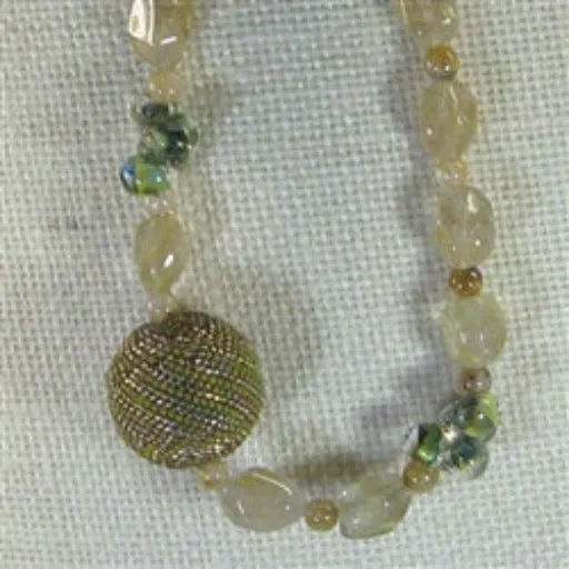 Quartz Crystal Necklace with Green and Gold Beaded Bead Accent