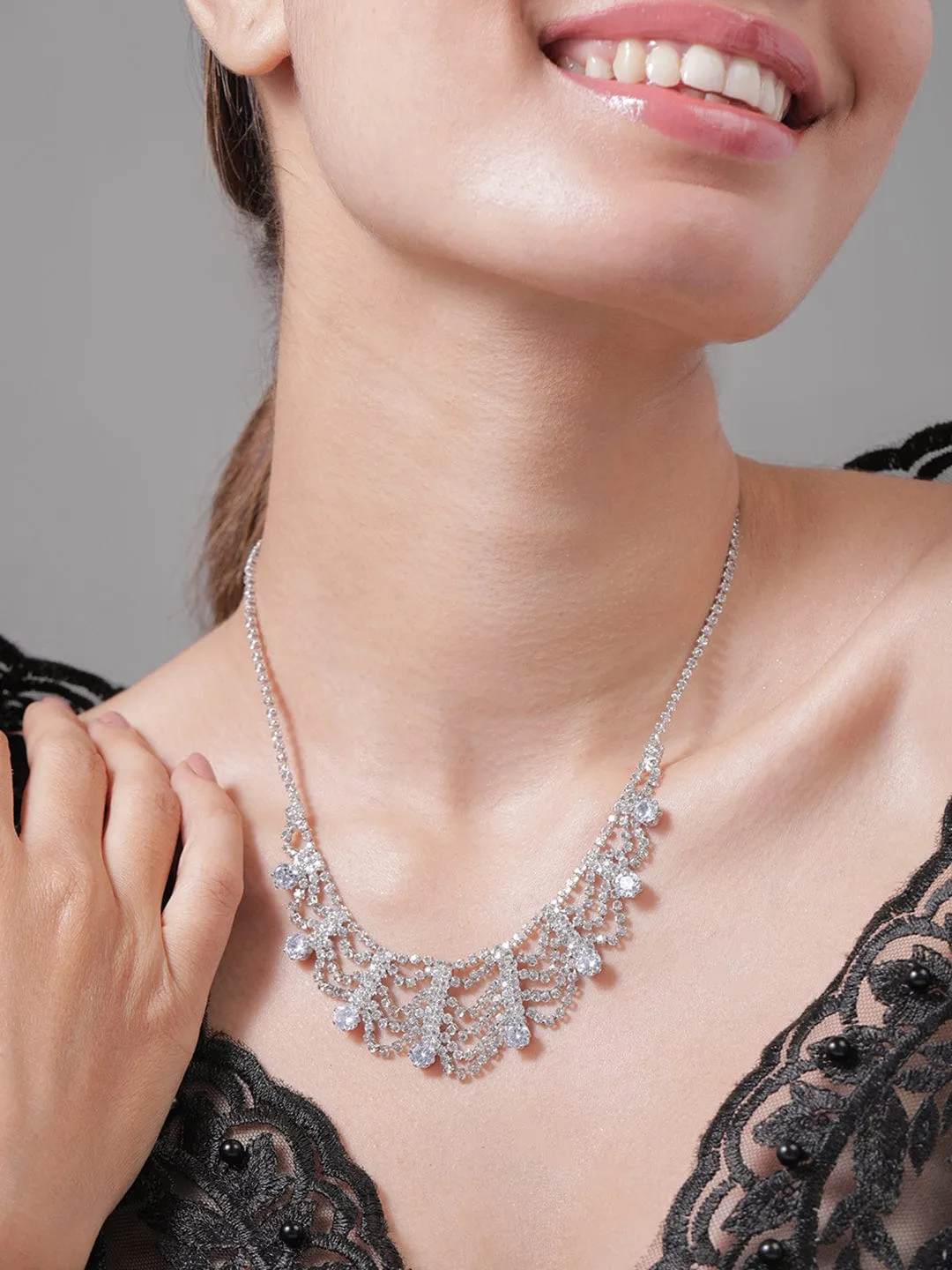 Rhodium Plated AD & Cubic Zirconia Studded Luxurious Draped Statement Necklace