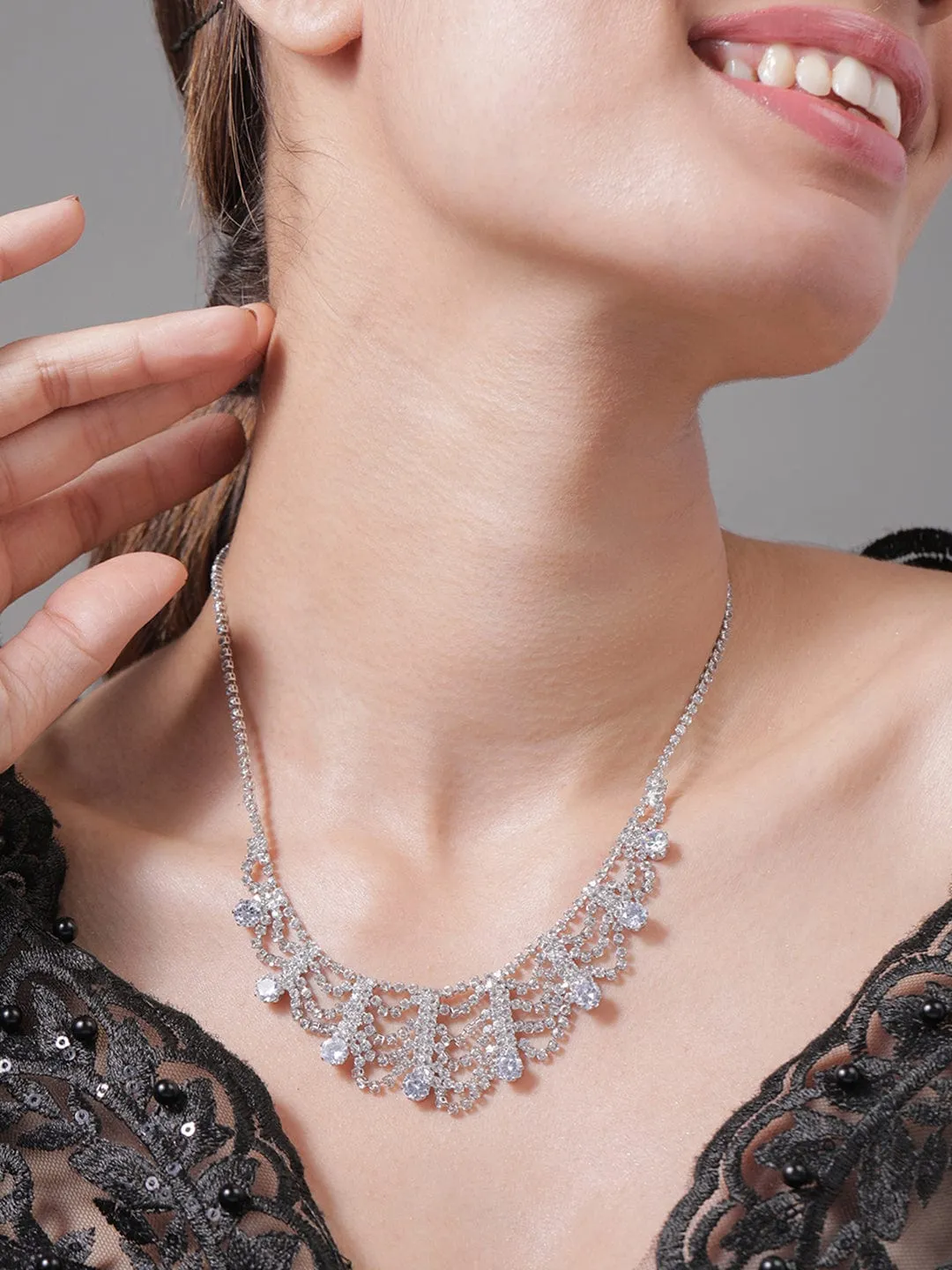 Rhodium Plated AD & Cubic Zirconia Studded Luxurious Draped Statement Necklace