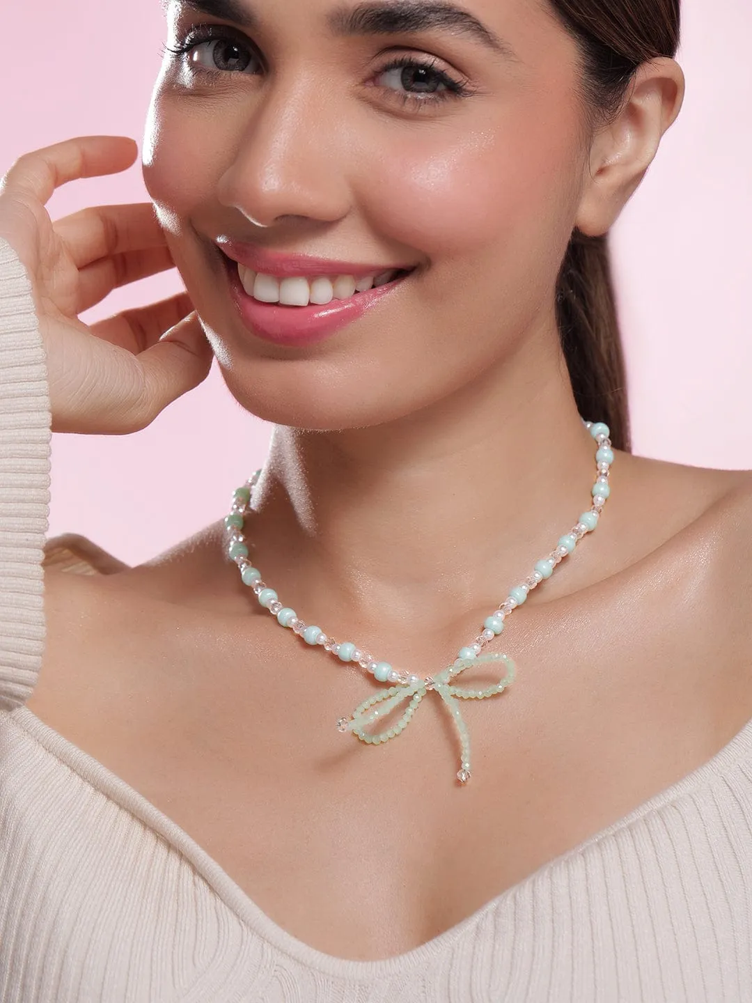 Rhodium Plated Aqua Green & White Beaded Necklace with Mint Green Bow Pendant