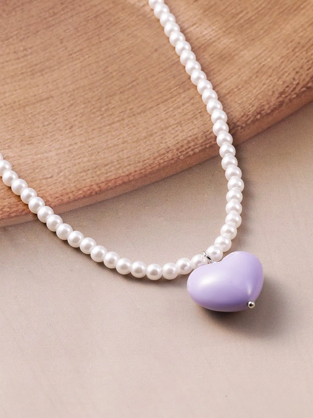 Rhodium Plated Purple Colored Heart Pendant with White Pearls Necklace