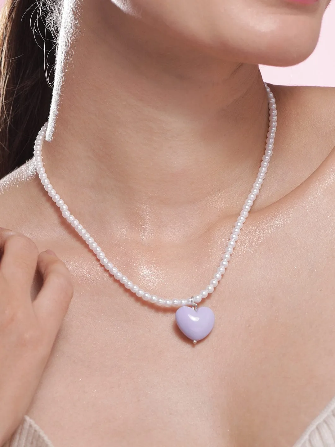 Rhodium Plated Purple Colored Heart Pendant with White Pearls Necklace