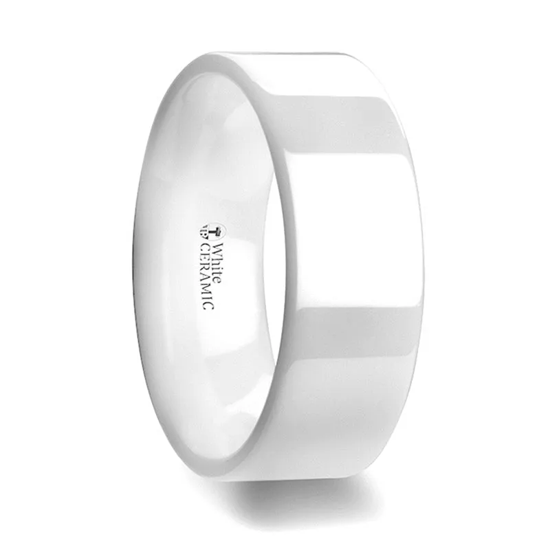 Thorsten Lucent Flat Polish Finished White Ceramic Wedding Ring (6-8mm) C1974-FPW