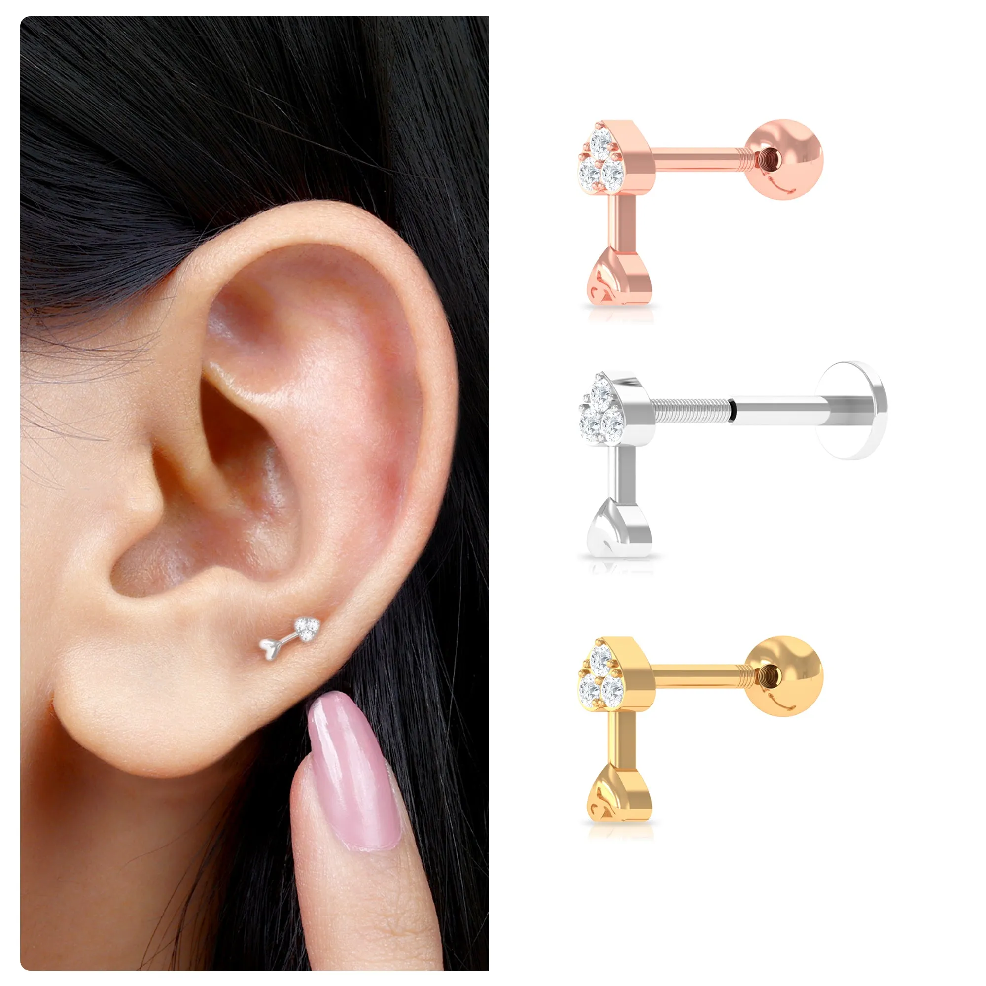 Unique Diamond Gold Heart Arrow Earring for Helix Piercing