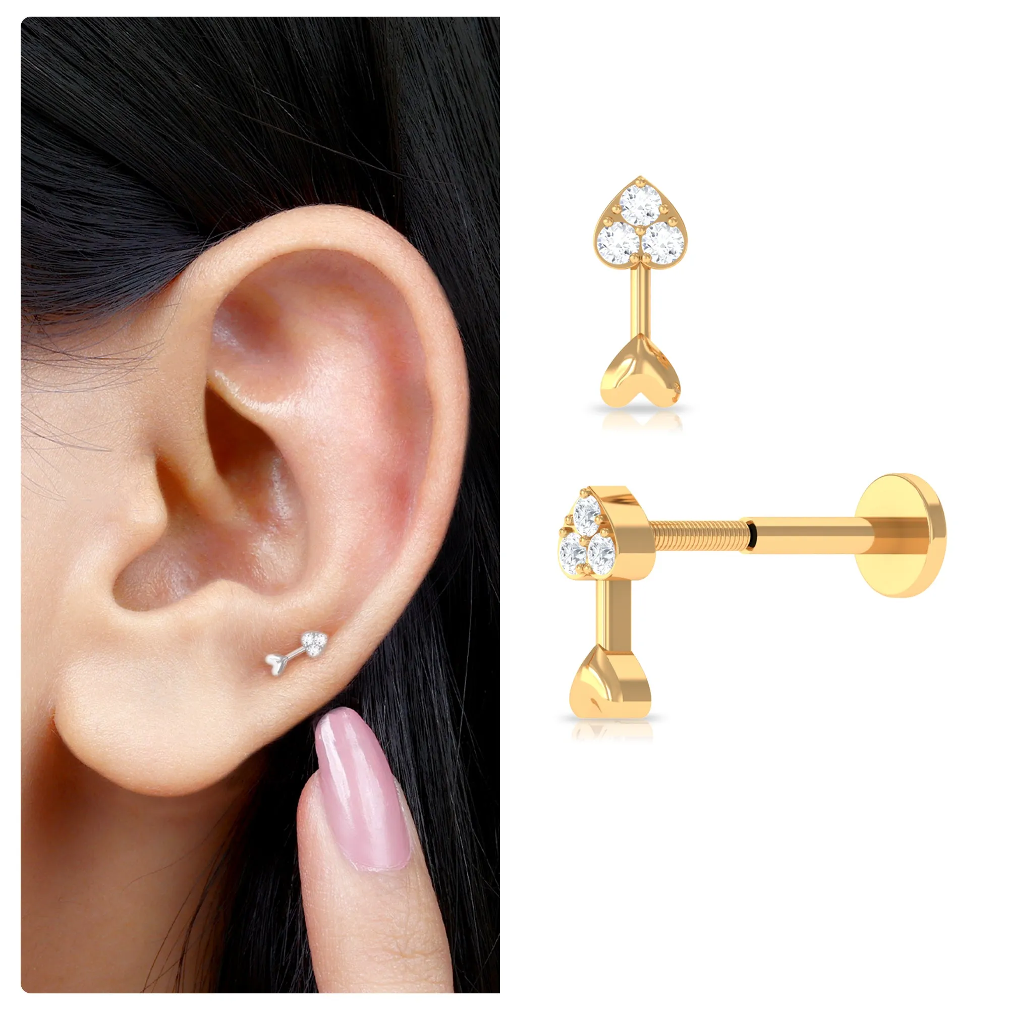 Unique Diamond Gold Heart Arrow Earring for Helix Piercing