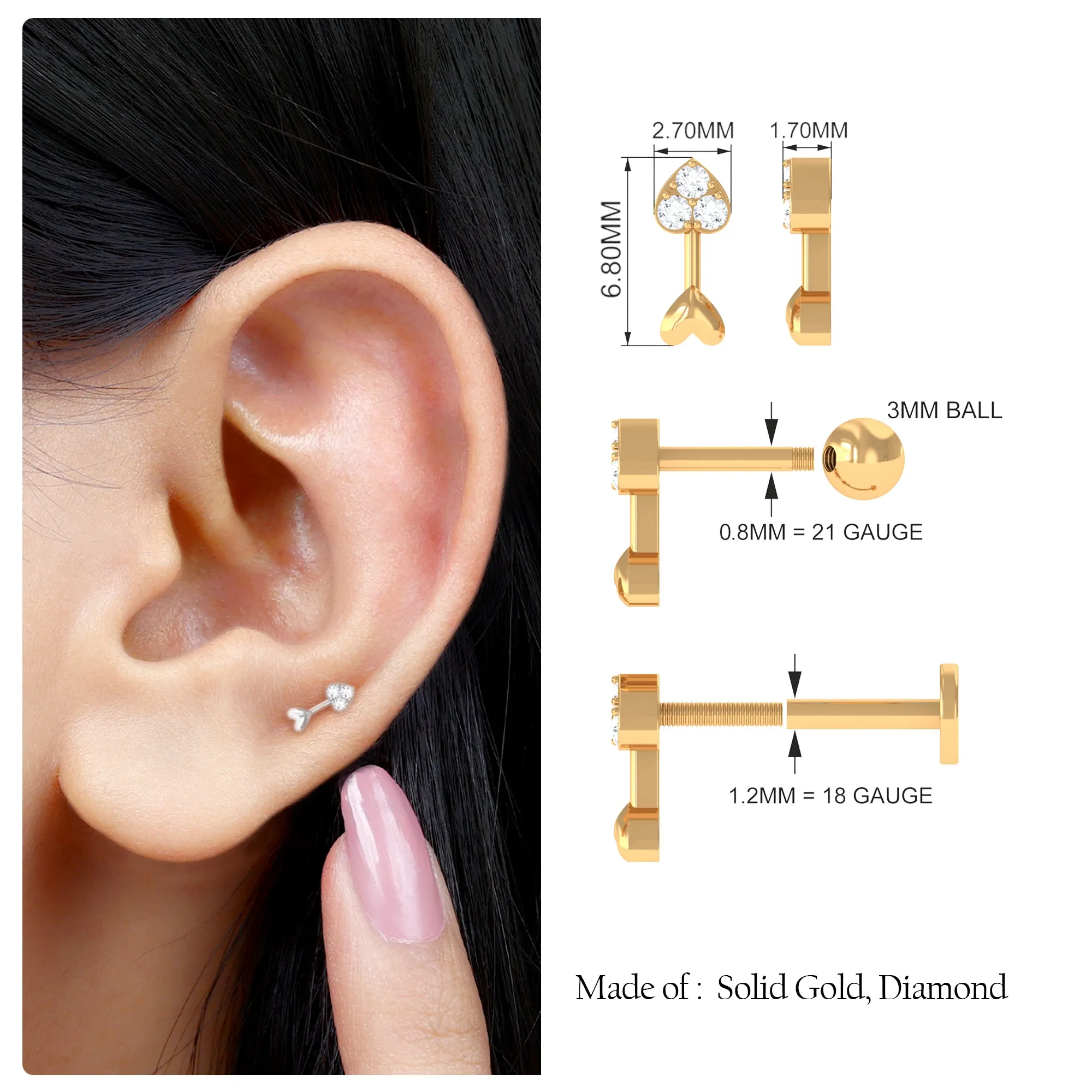 Unique Diamond Gold Heart Arrow Earring for Helix Piercing