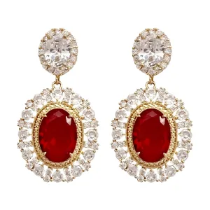 Unique Oval Red Cubic Zirconia Drop Earrings  Gold Color Statement Jewelry Accessory