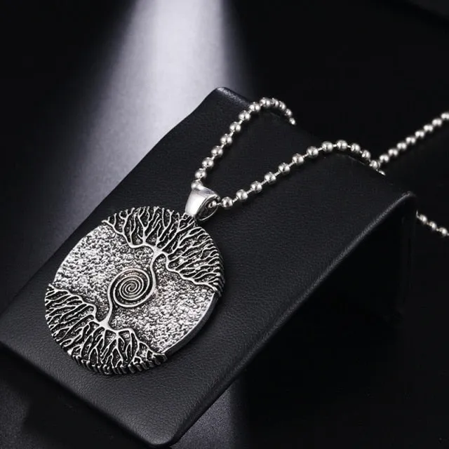 Vikings Amulet Tree of Life Round Silver Color Big Pendant Necklace, Stainless Steel