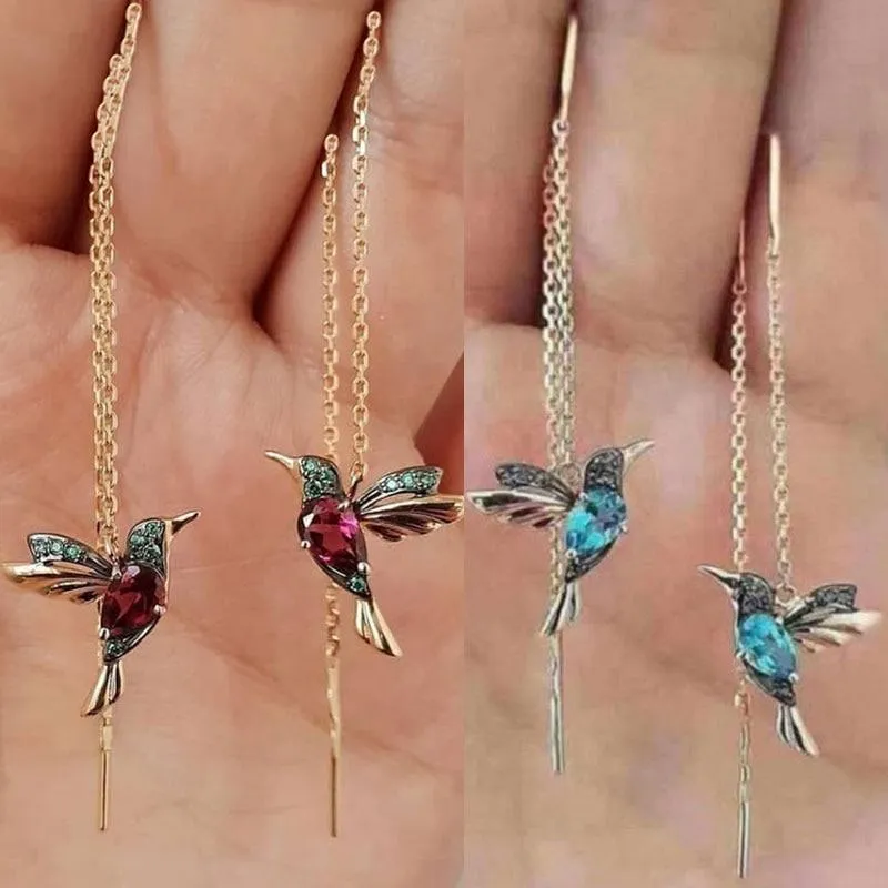 Woman Unique Long Drop Bird Pendant Earrings