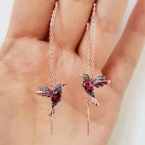 Woman Unique Long Drop Bird Pendant Earrings