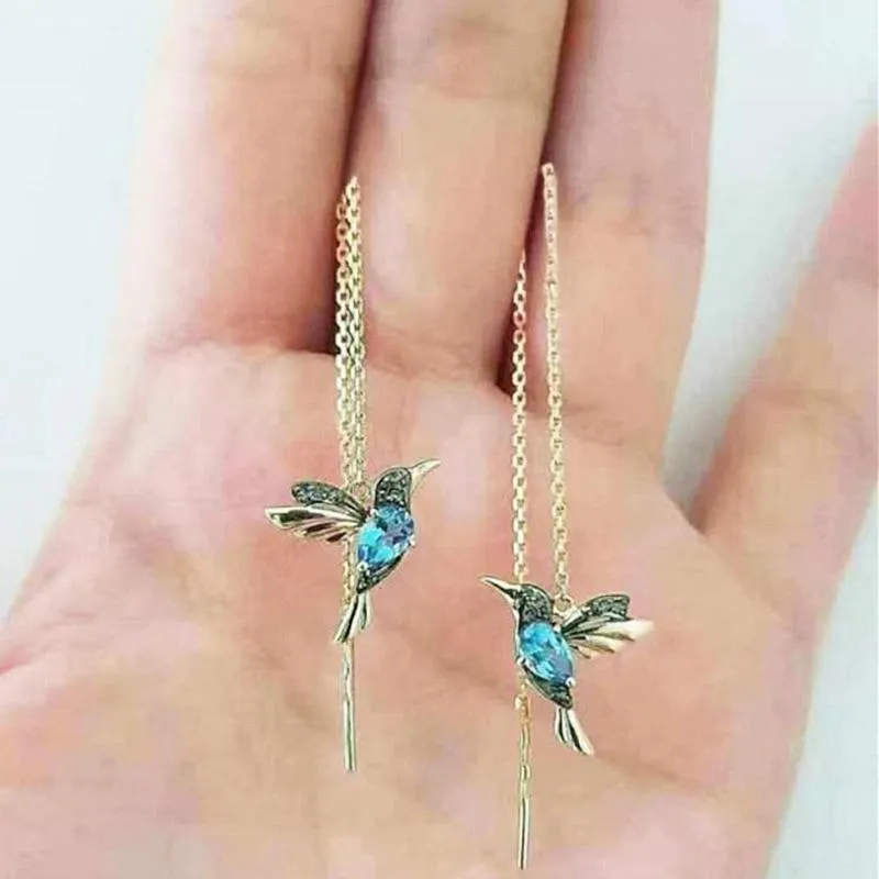 Woman Unique Long Drop Bird Pendant Earrings