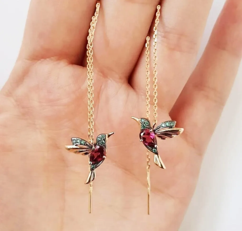 Woman Unique Long Drop Bird Pendant Earrings