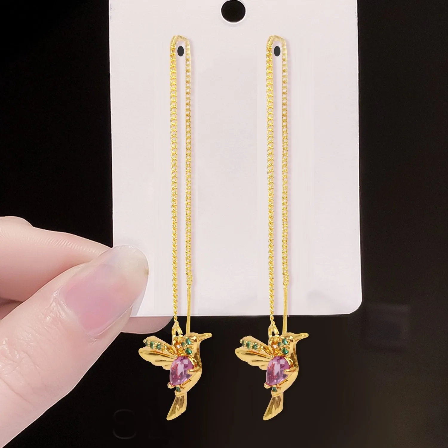 Woman Unique Long Drop Bird Pendant Earrings